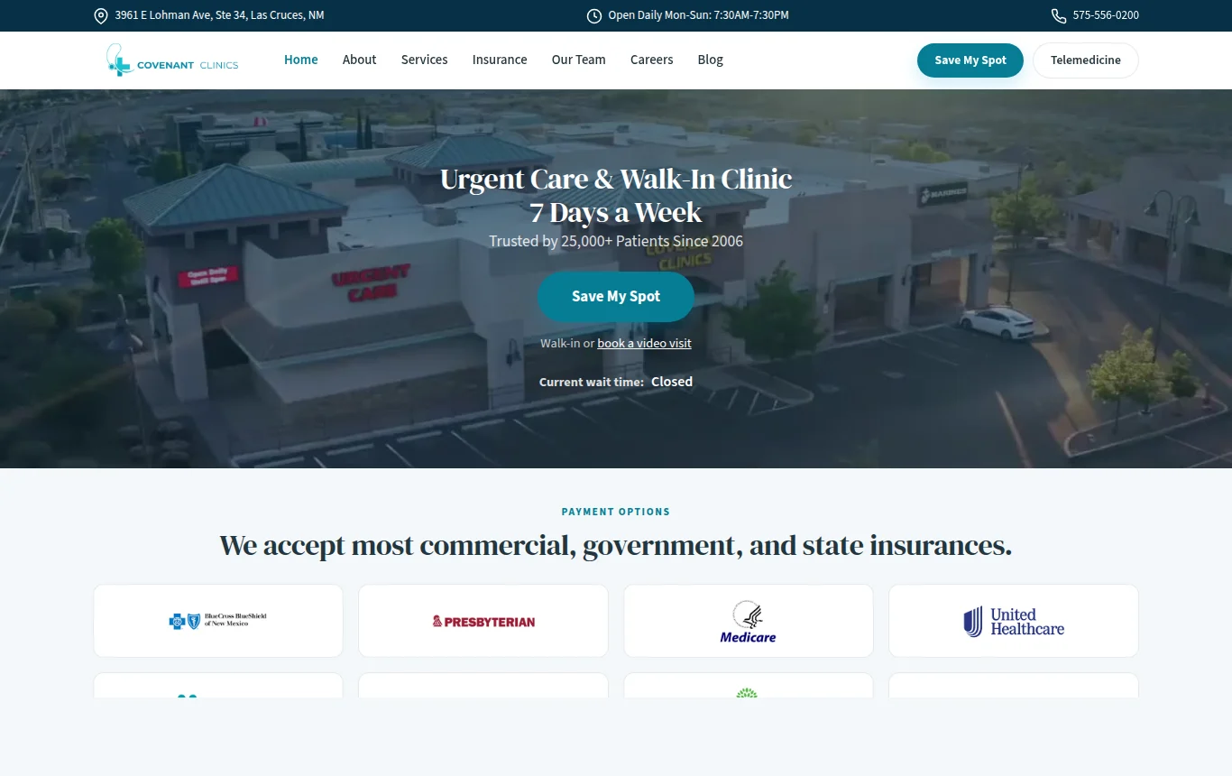 The Covenant Clinics website — Urgent Care & Walk-In Clinic in Las Cruces, trusted by 35,000+ patients since 2006